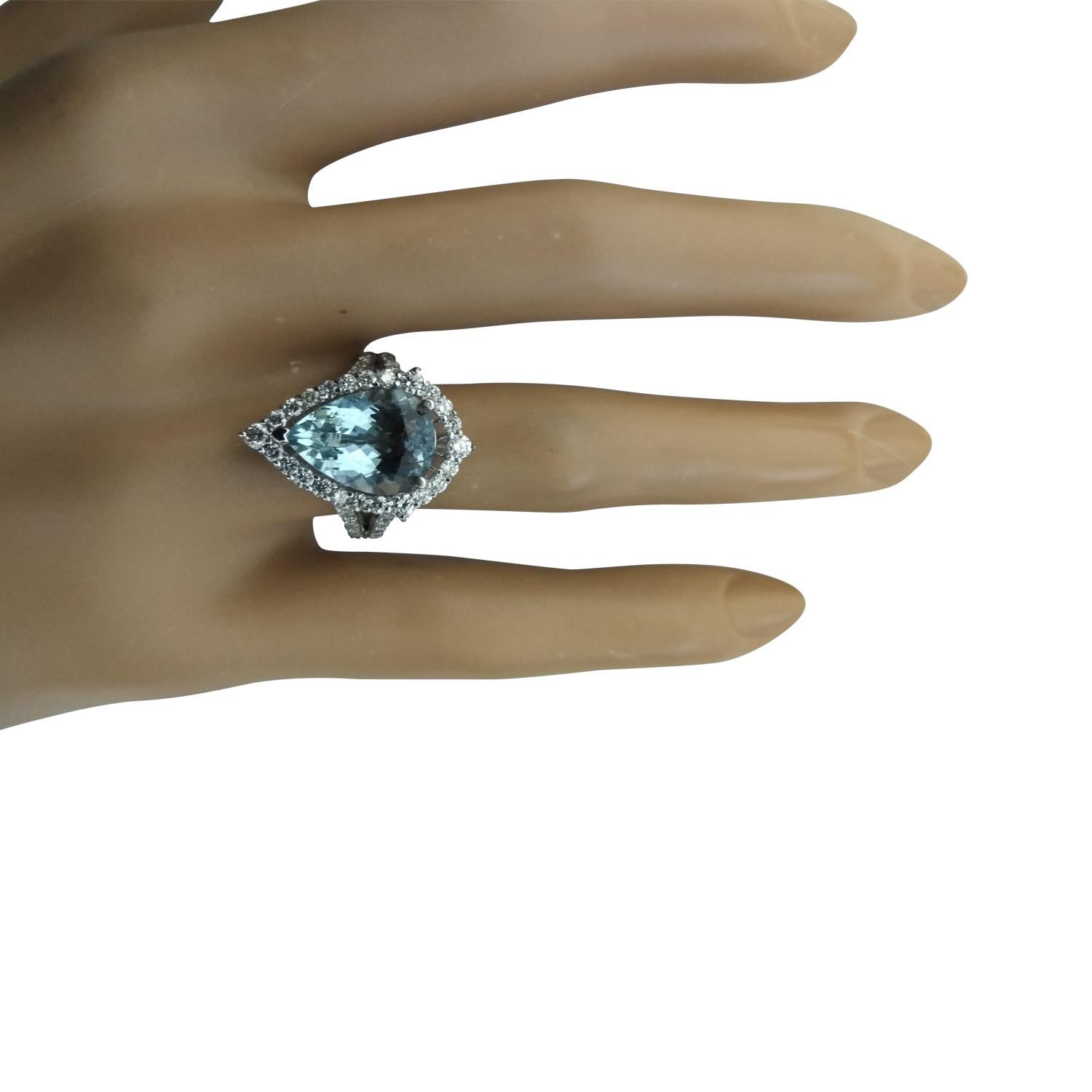 Pear Cut Natural Aquamarine Diamond Ring In 14 Karat White Gold  For Sale