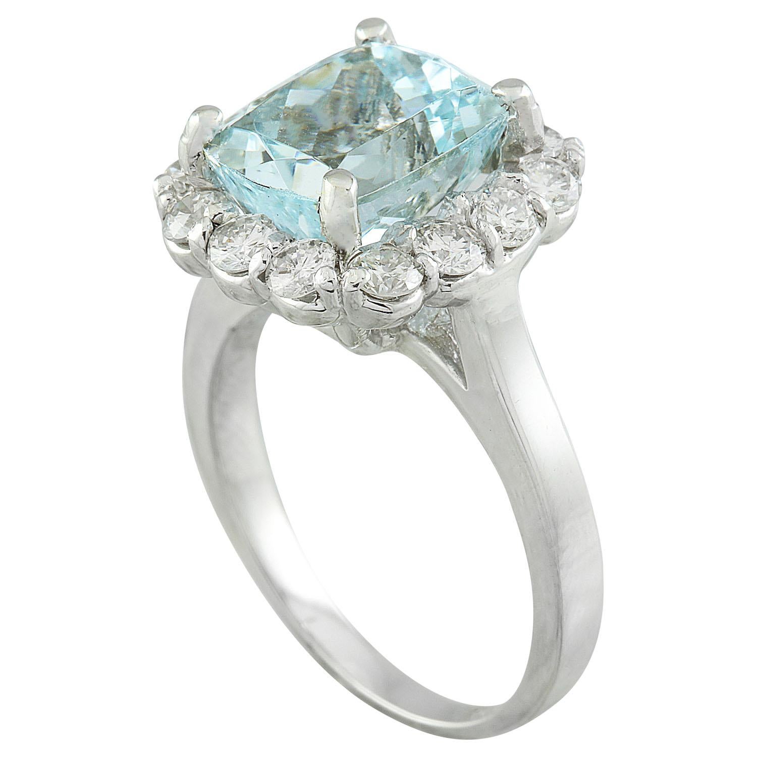 Anillo De Diamantes Aguamarina Natural En Oro Blanco De 14 Quilates Corte cojín en venta