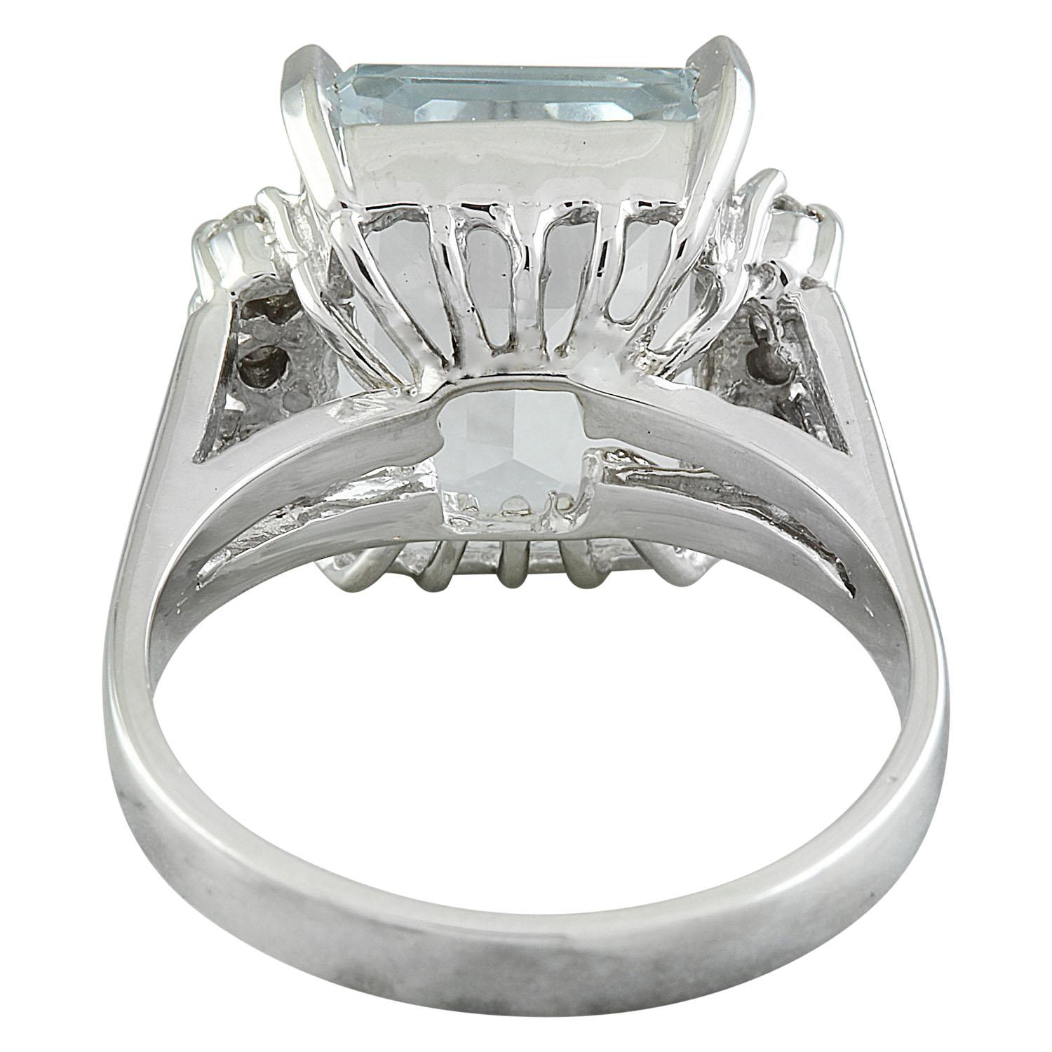 Emerald Cut Natural Aquamarine Diamond Ring In 14 Karat White Gold For Sale