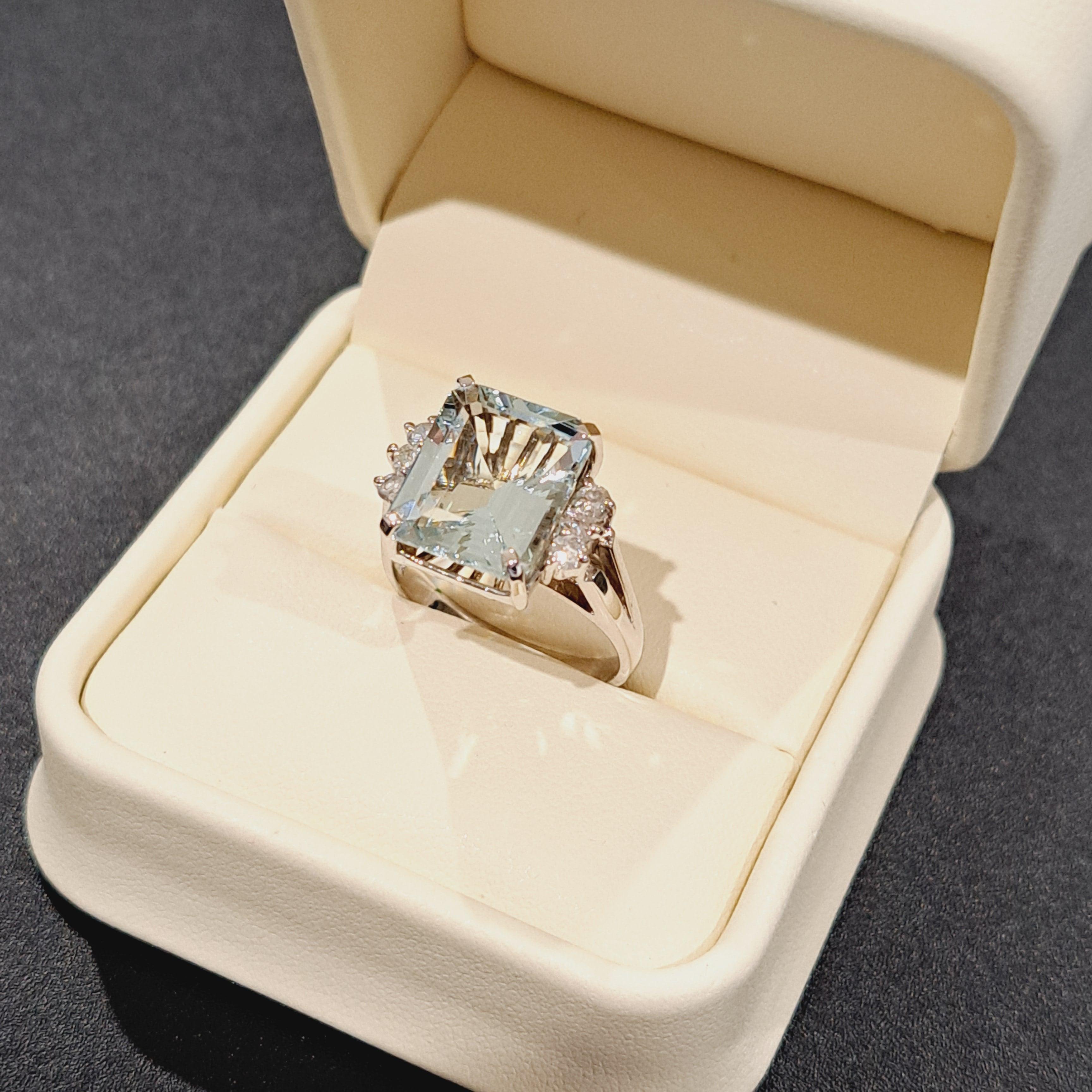 Natural Aquamarine Diamond Ring In 14 Karat White Gold For Sale 2