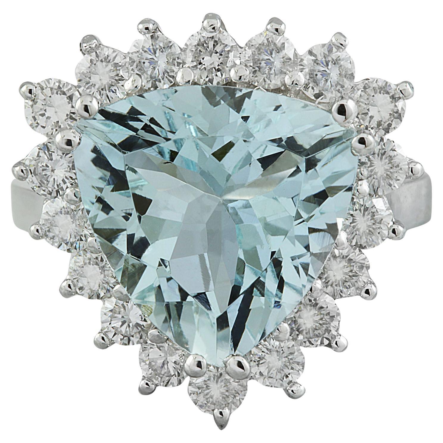 Natural Aquamarine Diamond Ring In 14 Karat White Gold For Sale
