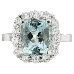 Anillo De Diamantes Aguamarina Natural En Oro Blanco De 14 Quilates