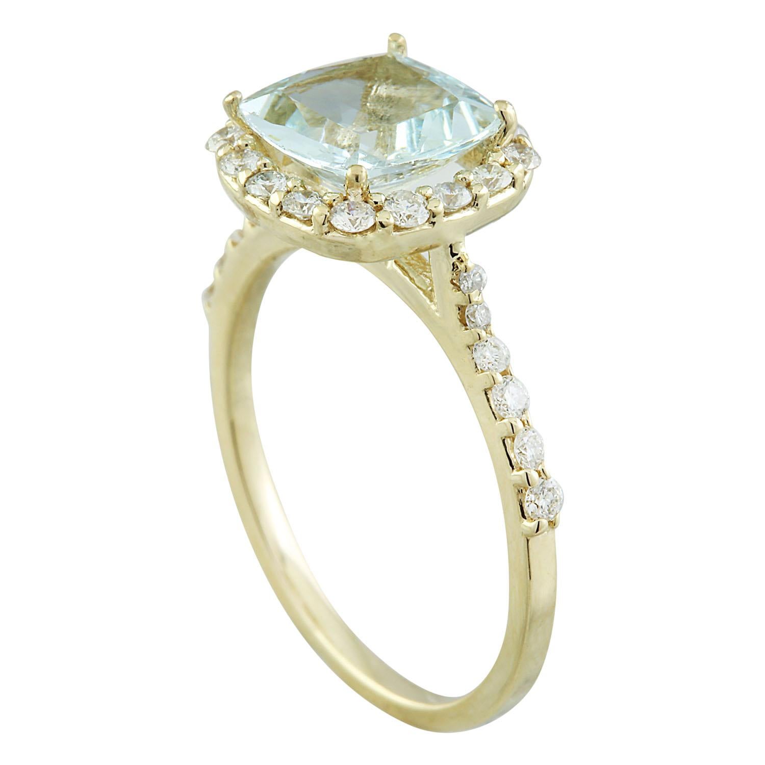 Cushion Cut Natural Aquamarine Diamond Ring In 14 Karat Yellow Gold For Sale