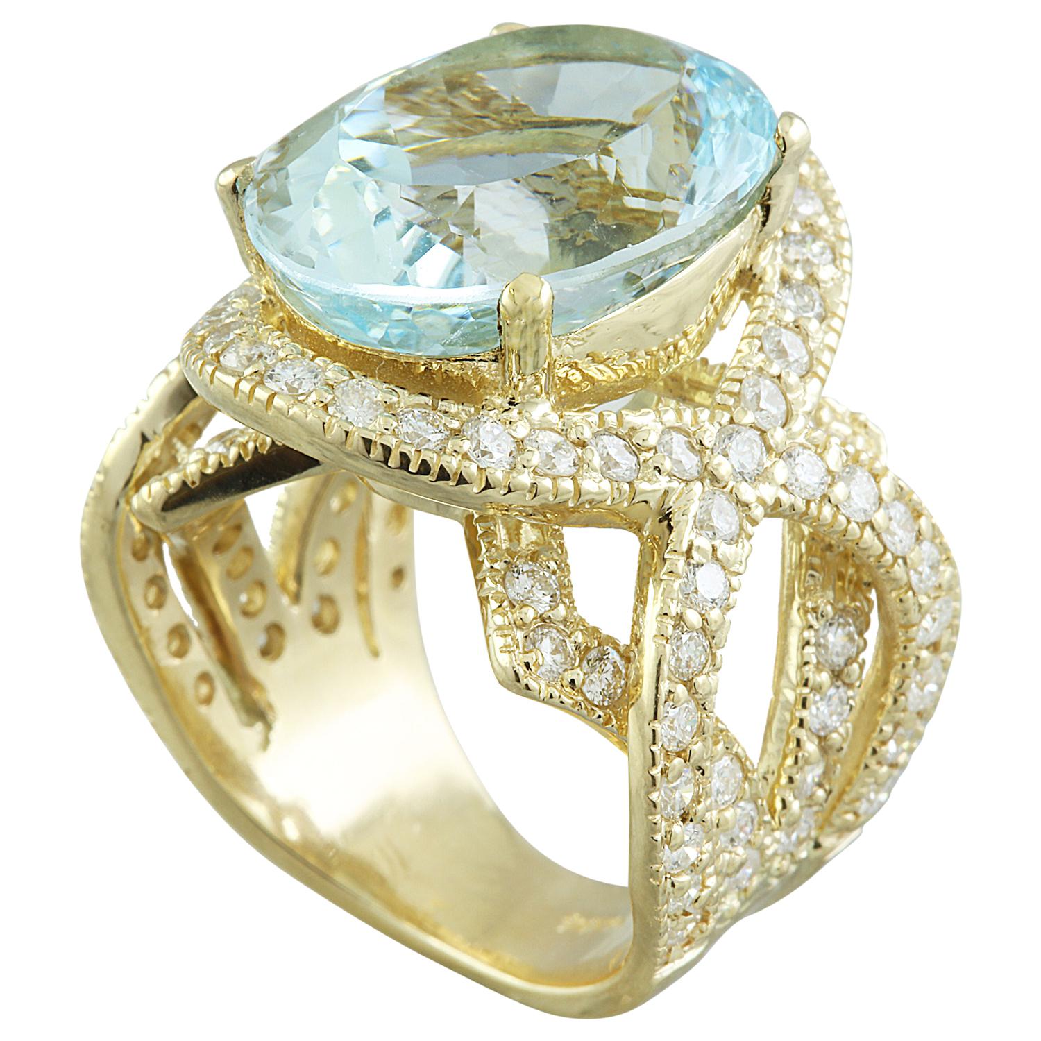 Oval Cut Natural Aquamarine Diamond Ring In 14 Karat Yellow Gold For Sale