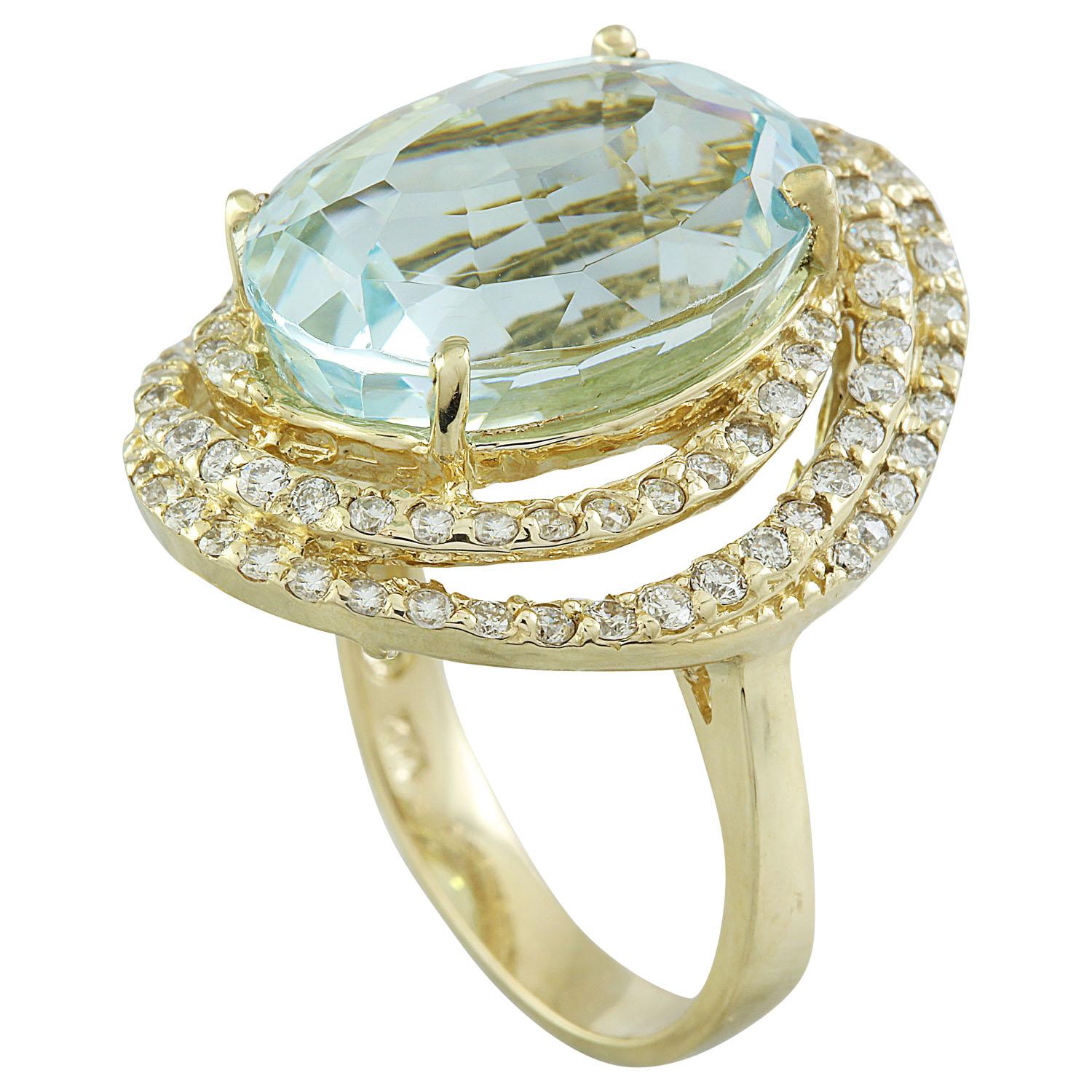 Oval Cut Natural Aquamarine Diamond Ring In 14 Karat Yellow Gold  For Sale