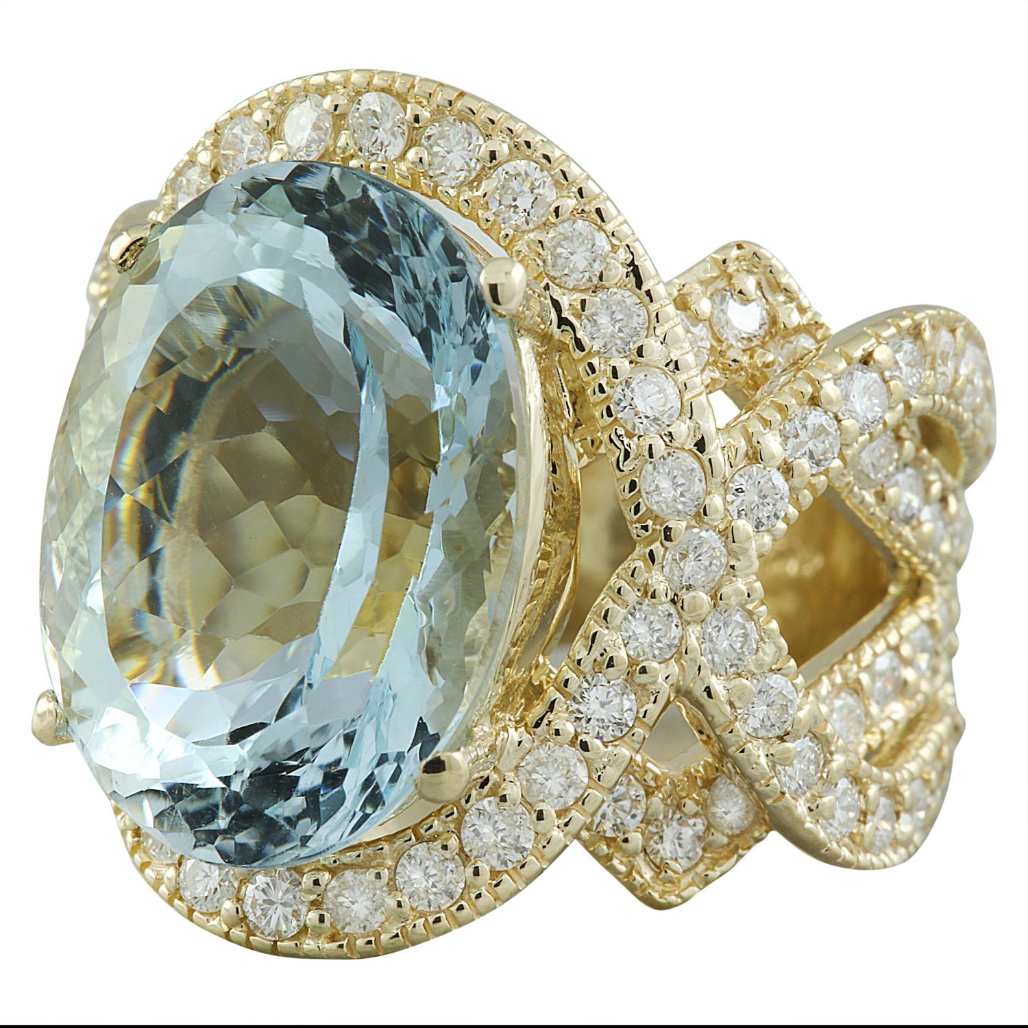 Women's Natural Aquamarine Diamond Ring In 14 Karat Yellow Gold For Sale