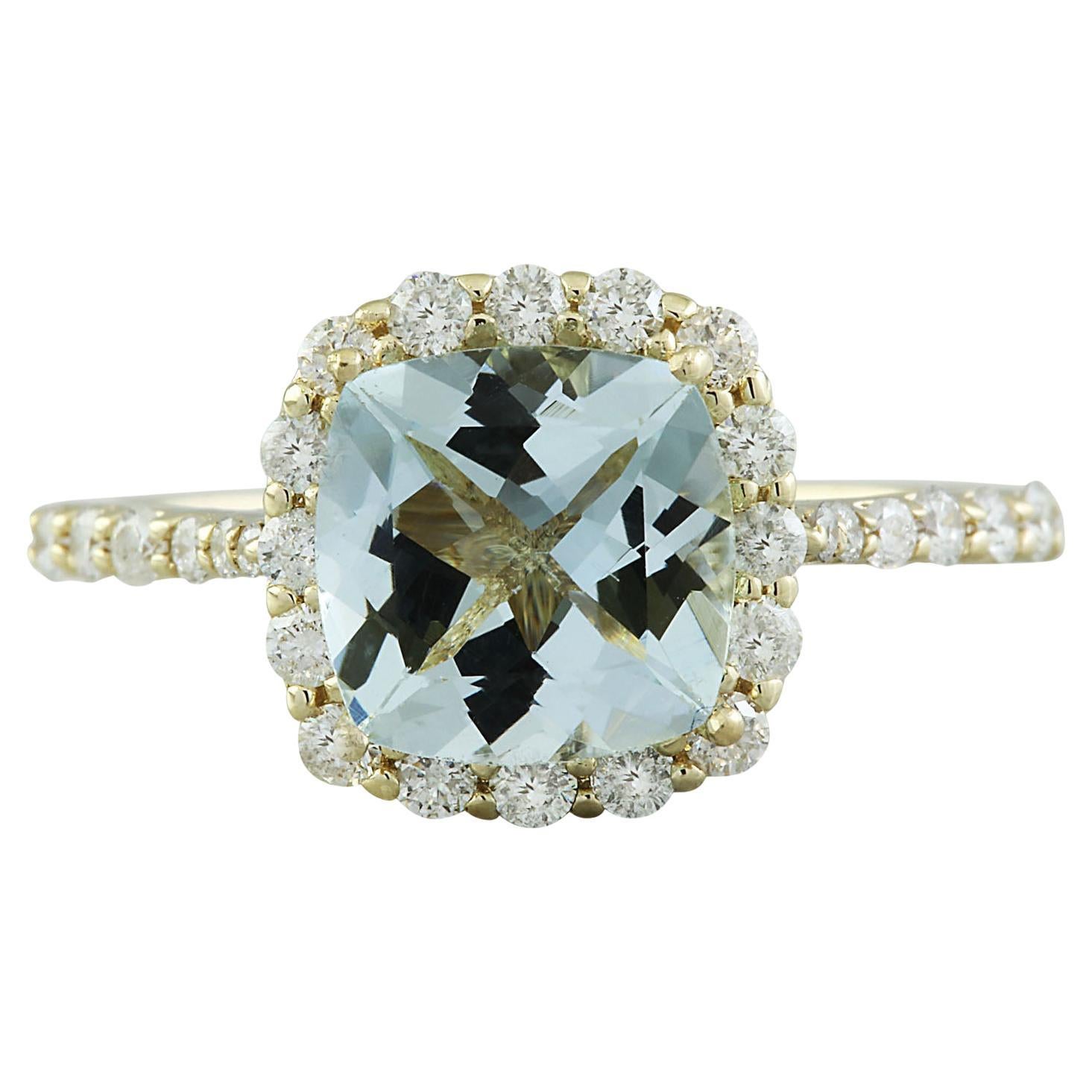 Natural Aquamarine Diamond Ring In 14 Karat Yellow Gold For Sale