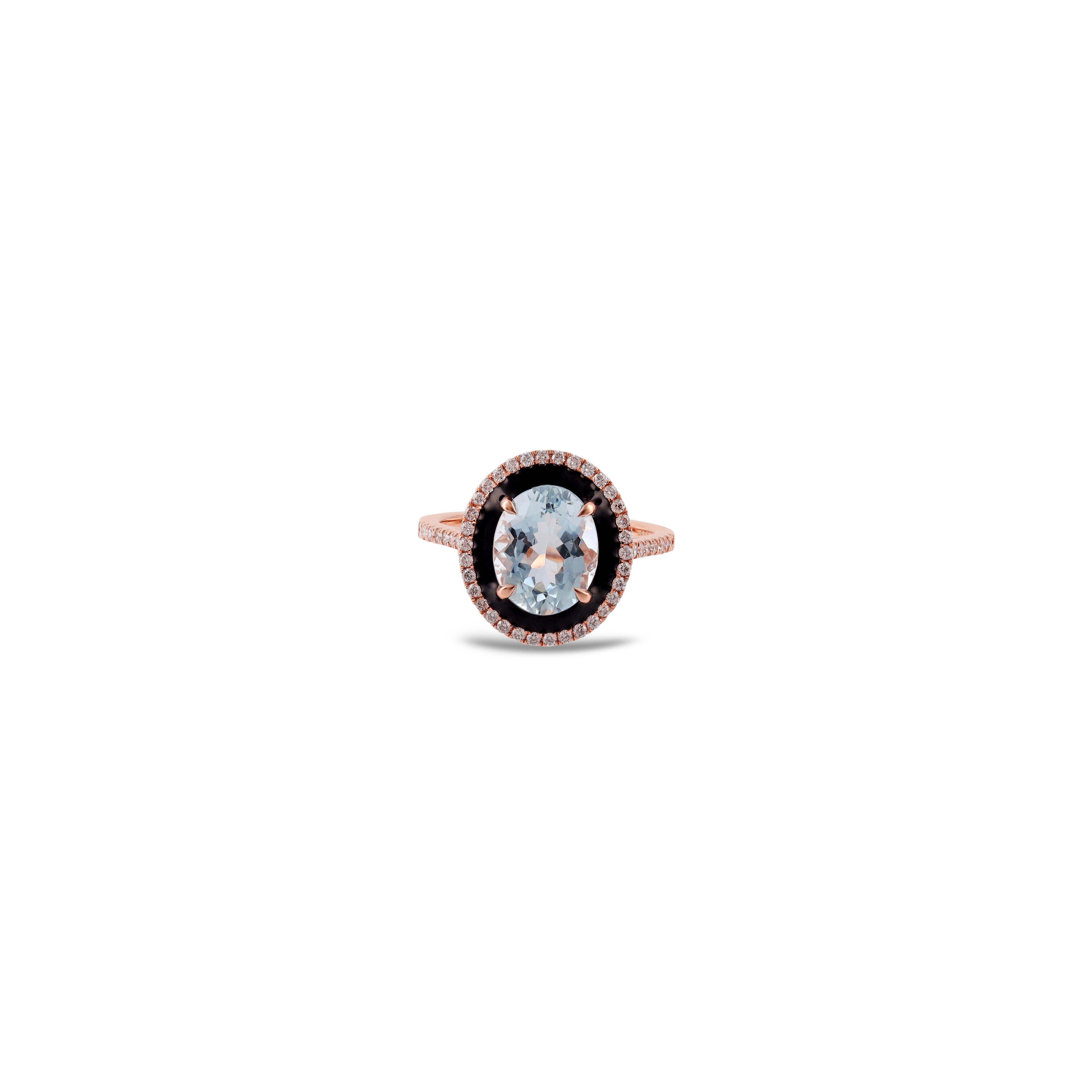 This is an elegant Aquamarine & Diamond ring studded in 18k Rose gold features a fine quality of Oval-shaped Aquamarine 2.59 carats with 48 Diamond 0.37 carats this entire ring is made in 18k Rose gold, it is a classic ring.  

Custom