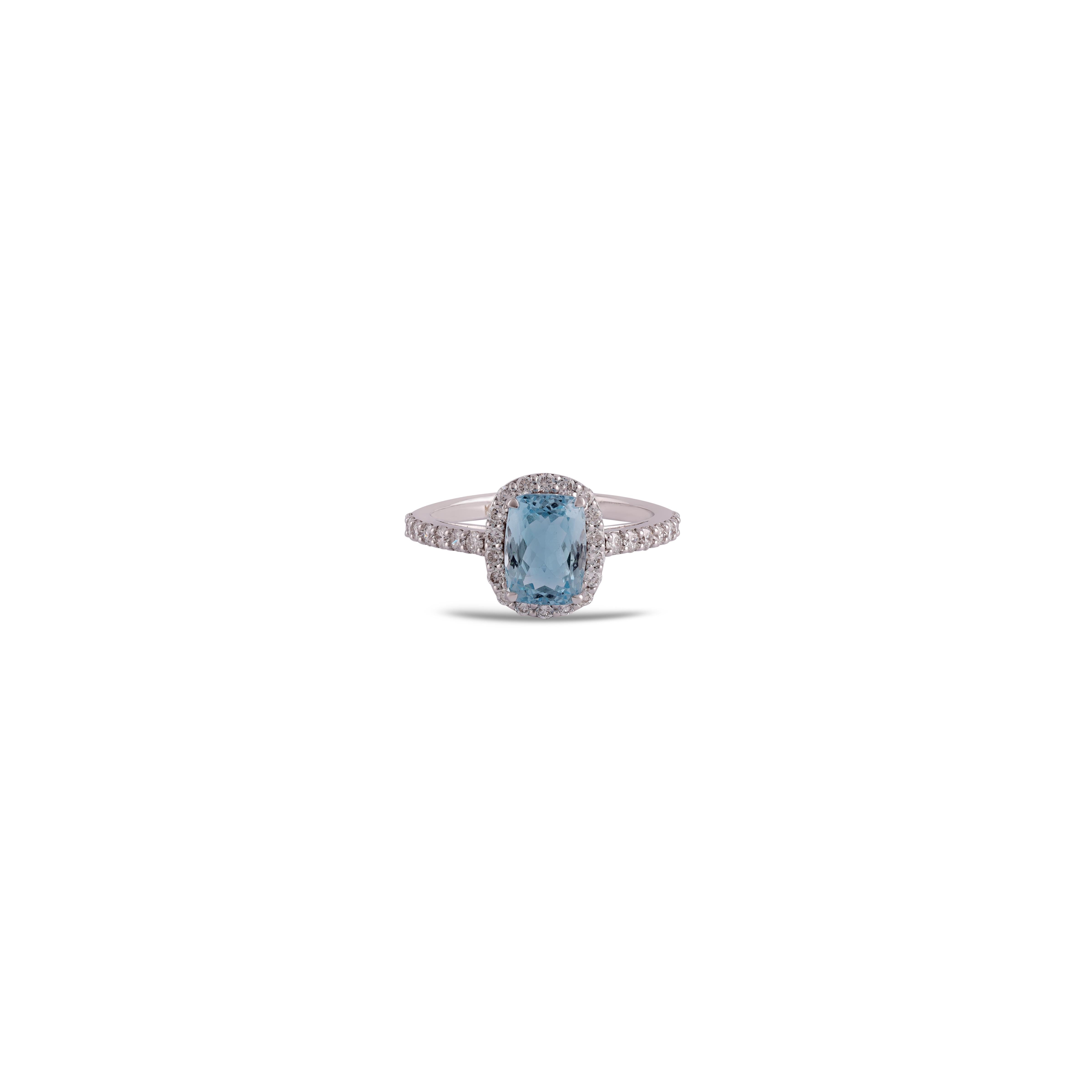 This is an elegant Aquamarine & Diamond ring studded in 18k White gold features a fine quality of  Aquamarine 1.64 carats with  Diamond 0.53 carats.
This entire ring is made in 18k White gold
 It is a classic ring.  
Custom Services
Resizing is
