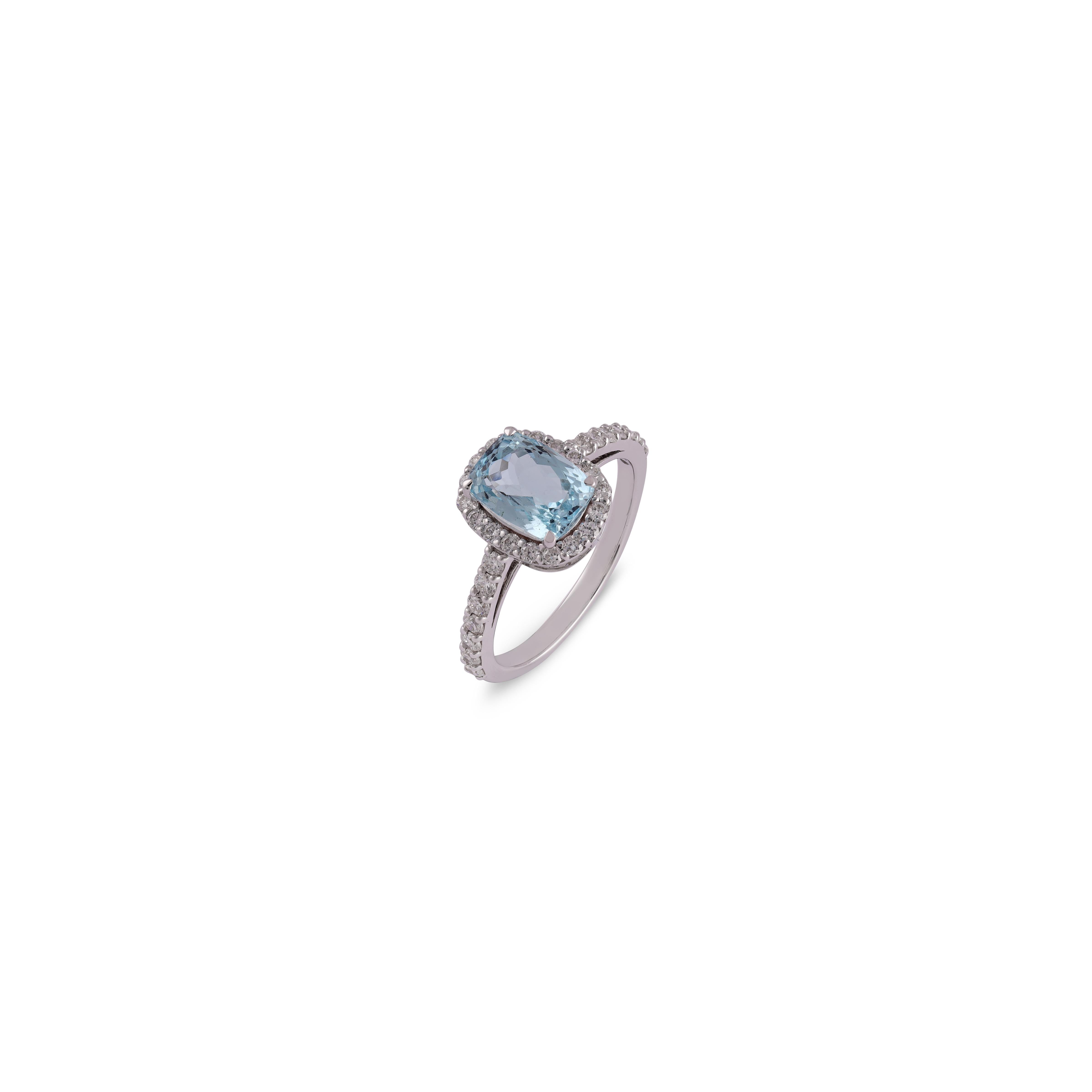 Square Cut Natural Aquamarine & Diamond  Ring in 18k White Gold For Sale