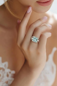 Anello con diamanti e acquamarina naturale, misura 6, oro 14k, 4,66 TCW, certificato