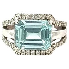 Anello con diamanti e acquamarina naturale, misura 6, oro 14k, 4,66 TCW, certificato
