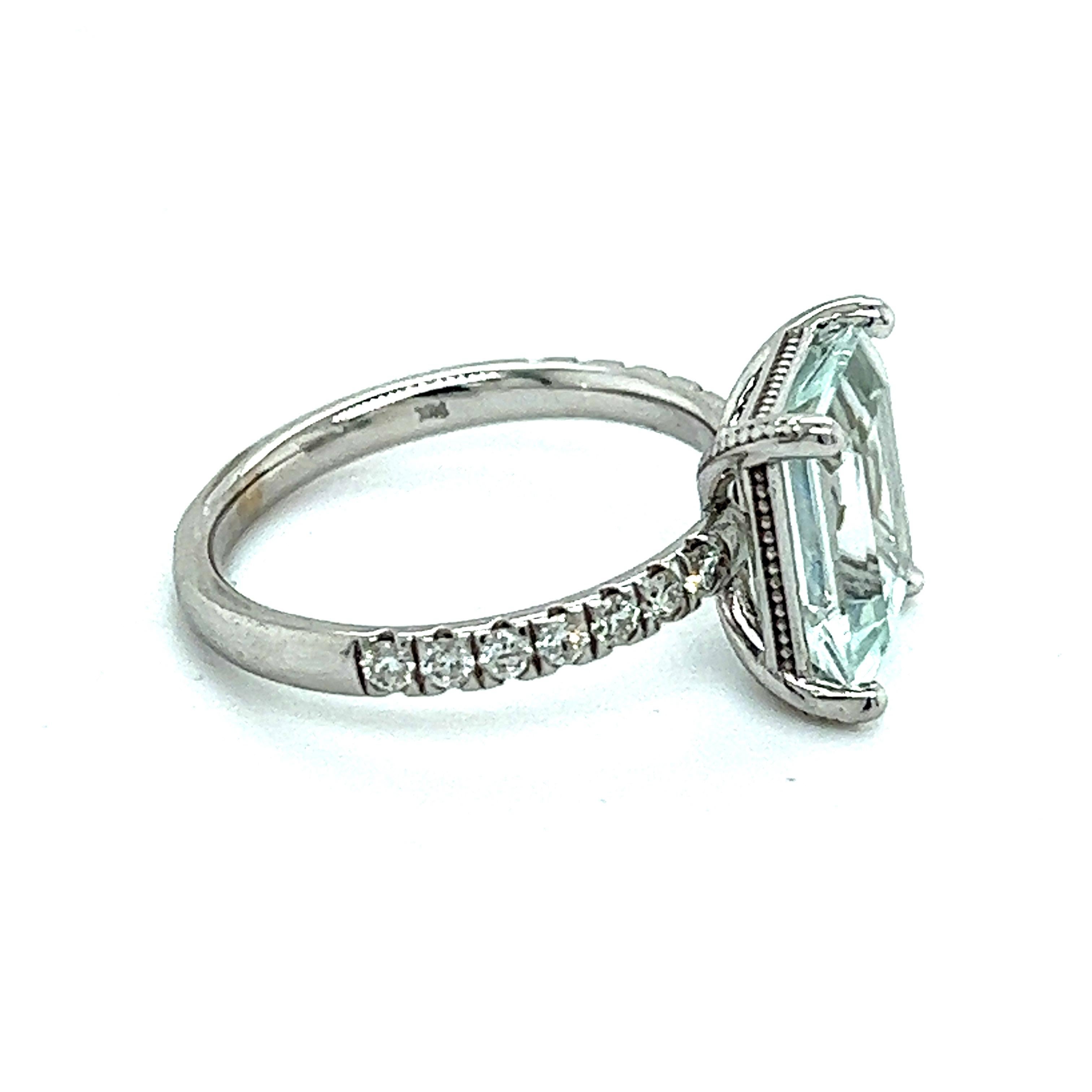 Emerald Cut Natural Aquamarine Diamond Ring 14k W Gold 3.18 TCW Certified For Sale