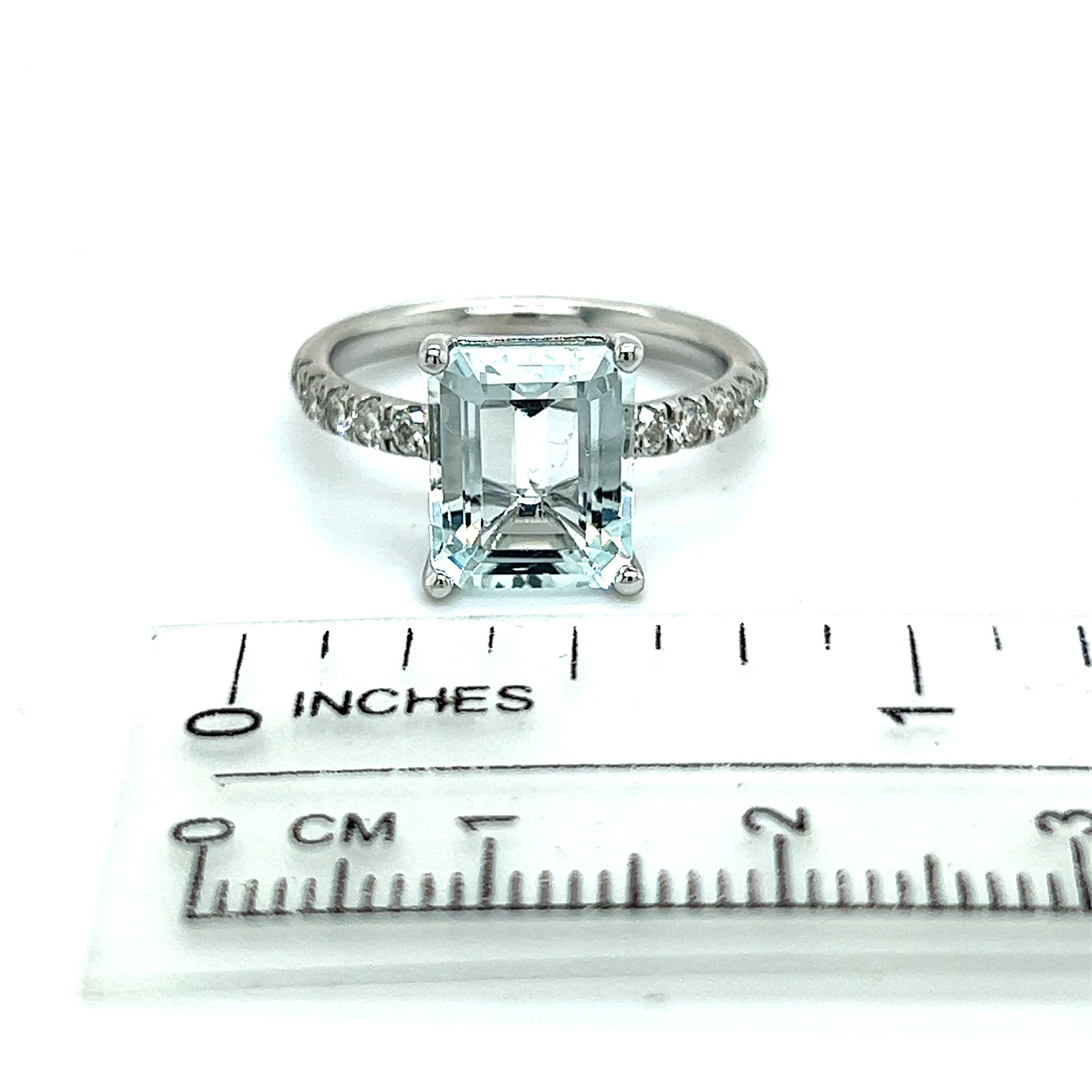 Emerald Cut Natural Aquamarine Diamond Ring 14k W Gold 3.29 TCW Certified For Sale