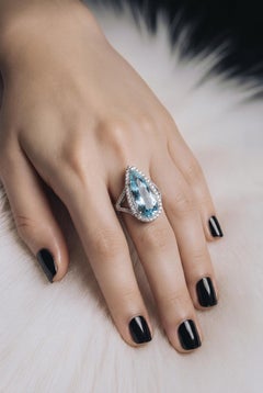 Natural Aquamarine Diamond Ring Size 7 14k White Gold 8.10 TCW Certified