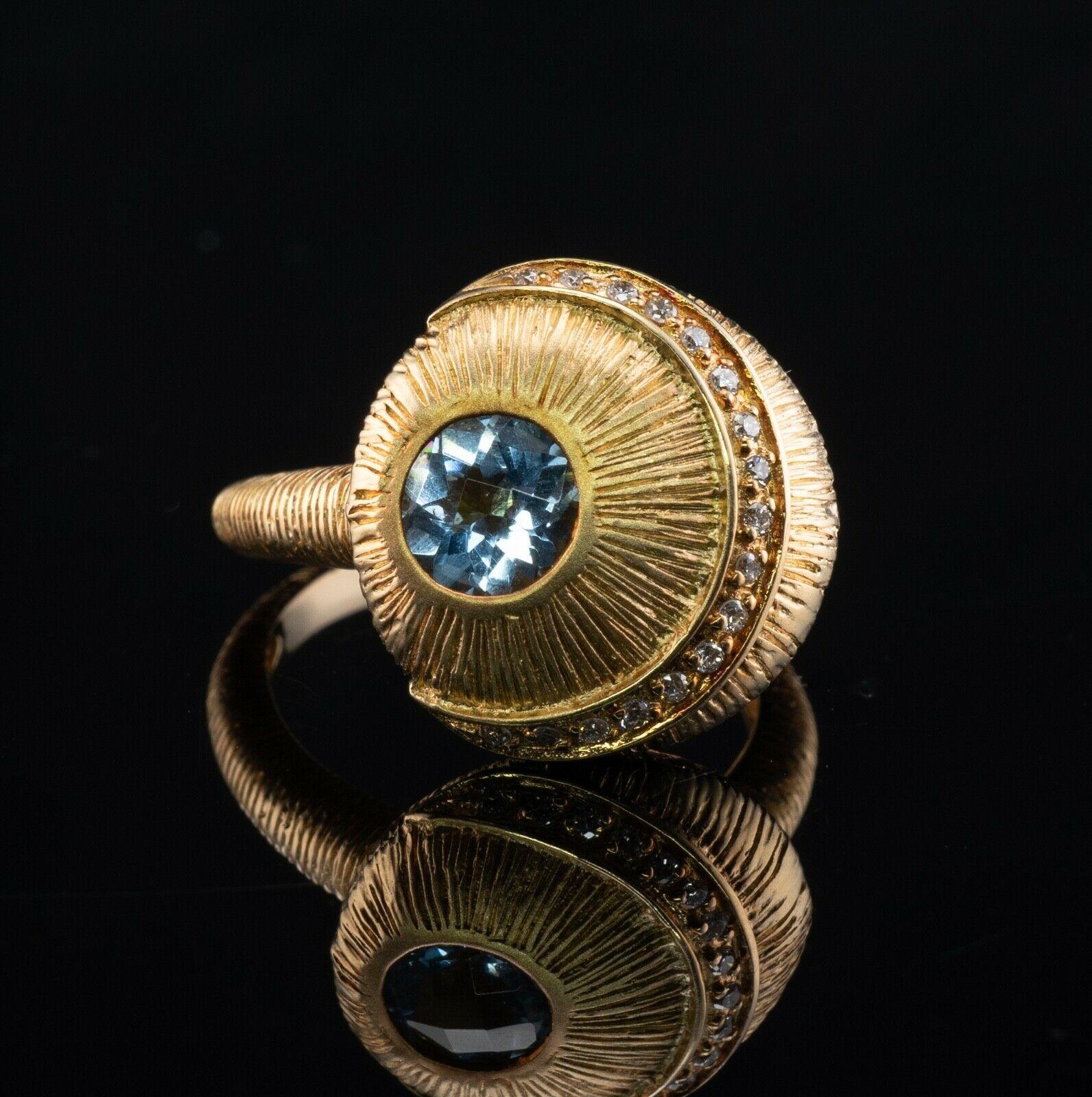 Round Cut Natural Aquamarine Diamond Sphere Ring 18K Gold Hallmarked For Sale