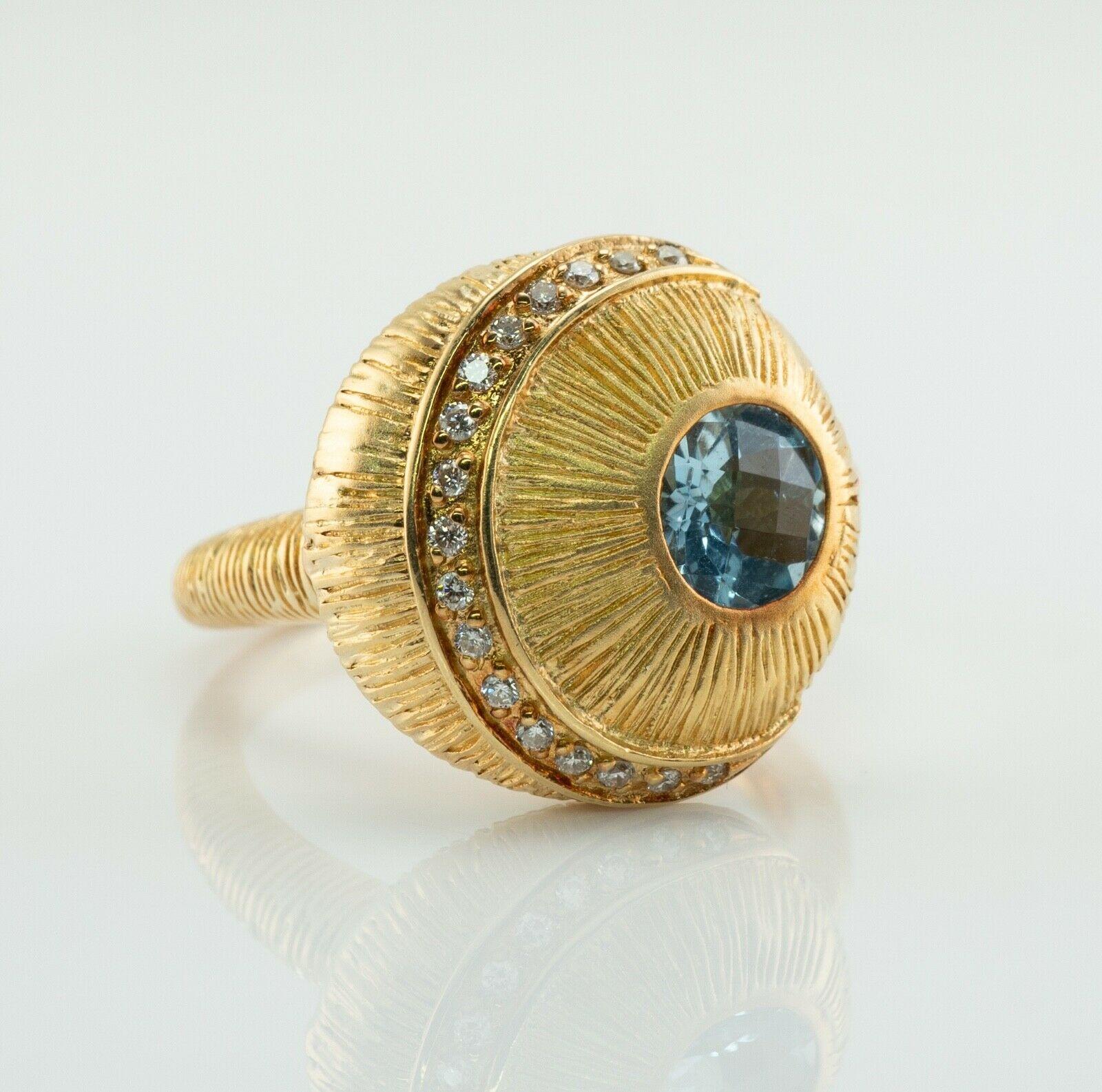 Natural Aquamarine Diamond Sphere Ring 18K Gold Hallmarked In Good Condition For Sale In East Brunswick, NJ