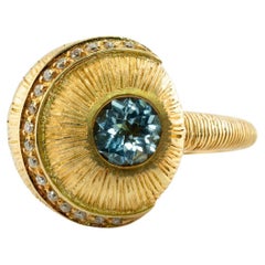 Vintage Natural Aquamarine Diamond Sphere Ring 18K Gold Hallmarked
