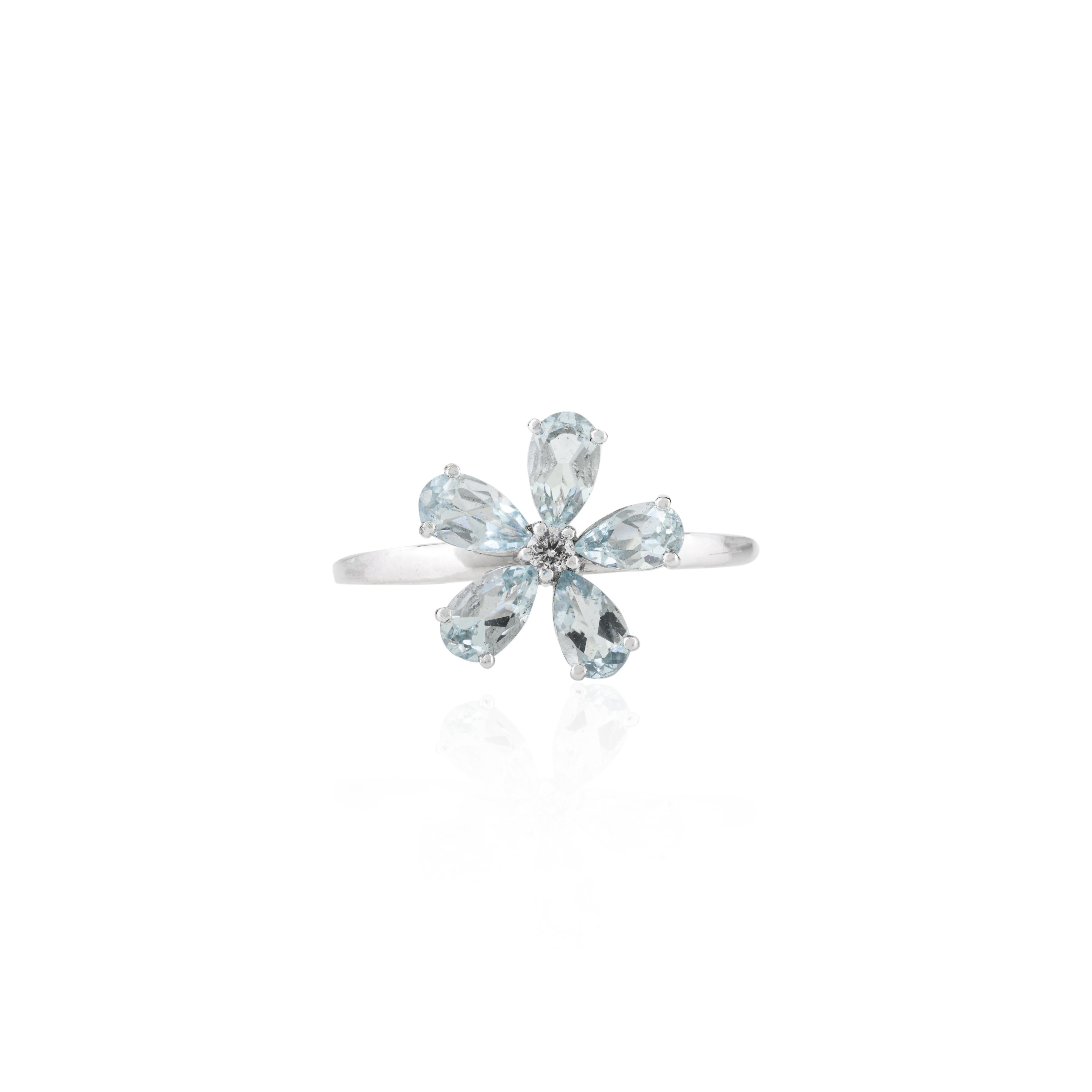 For Sale:  Natural Aquamarine Diamond Spring Flower Ring in 18k White Gold for Her 3