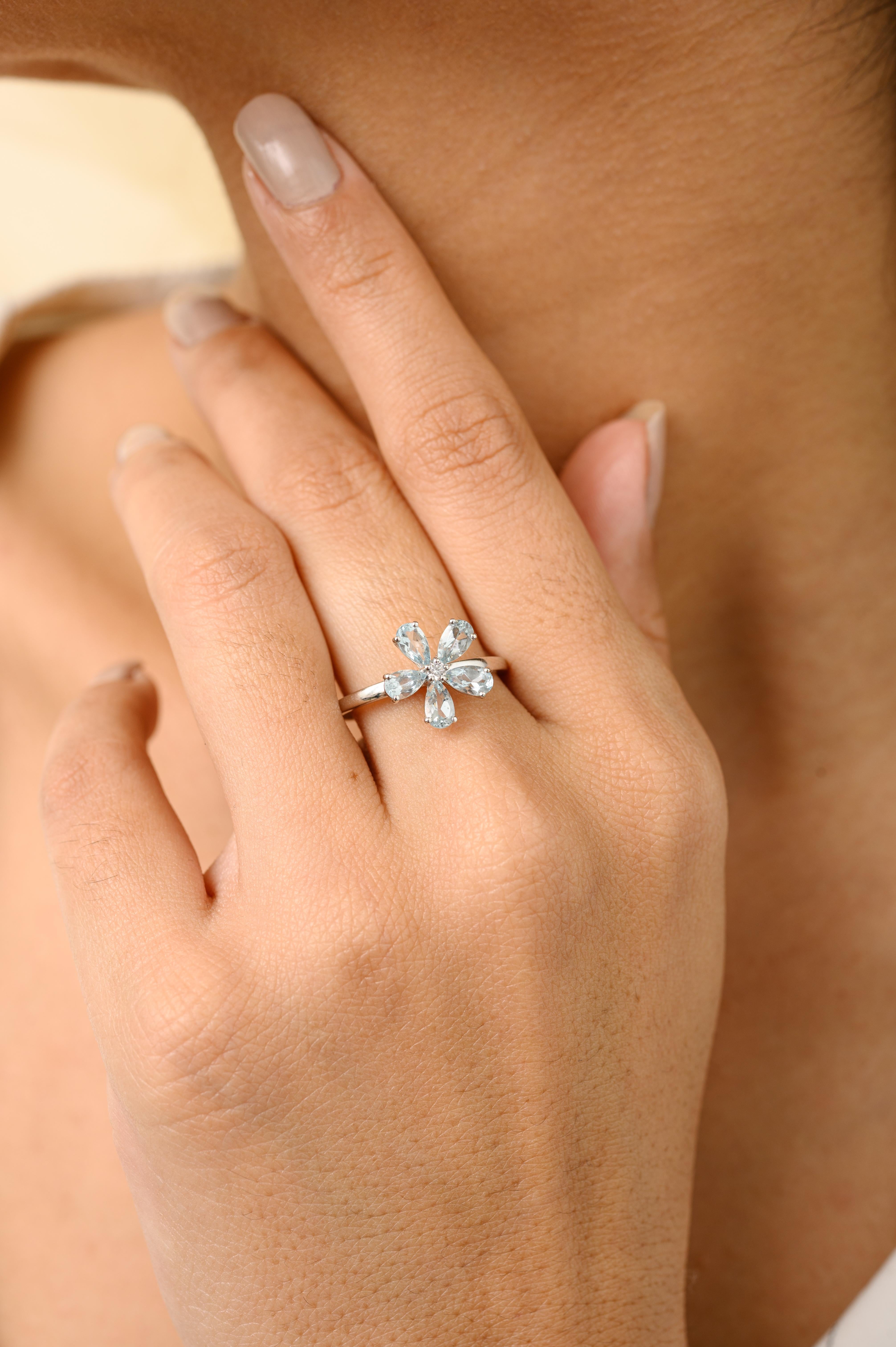 For Sale:  Natural Aquamarine Diamond Spring Flower Ring in 18k White Gold for Her 2