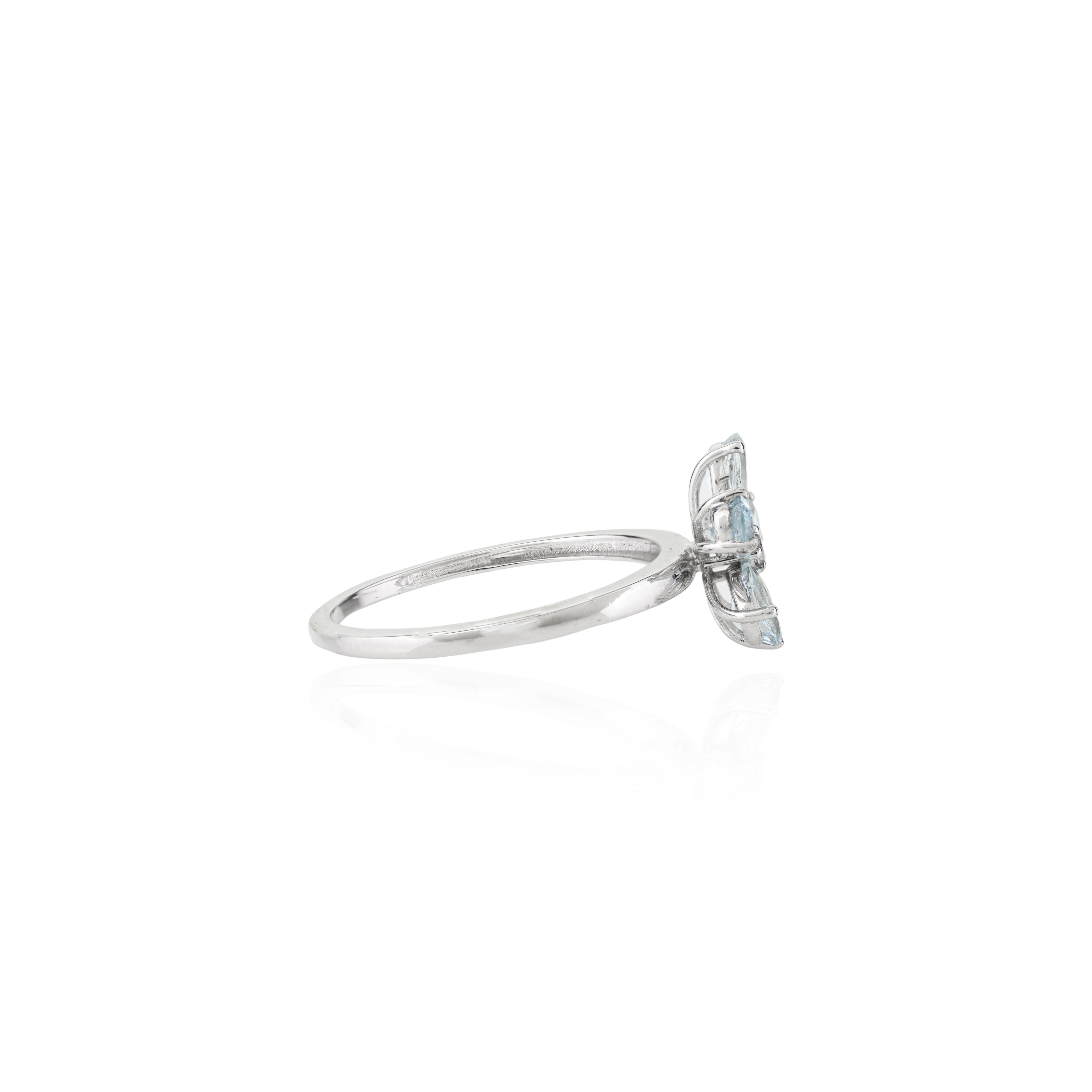 For Sale:  Natural Aquamarine Diamond Spring Flower Ring in 18k White Gold for Her 7