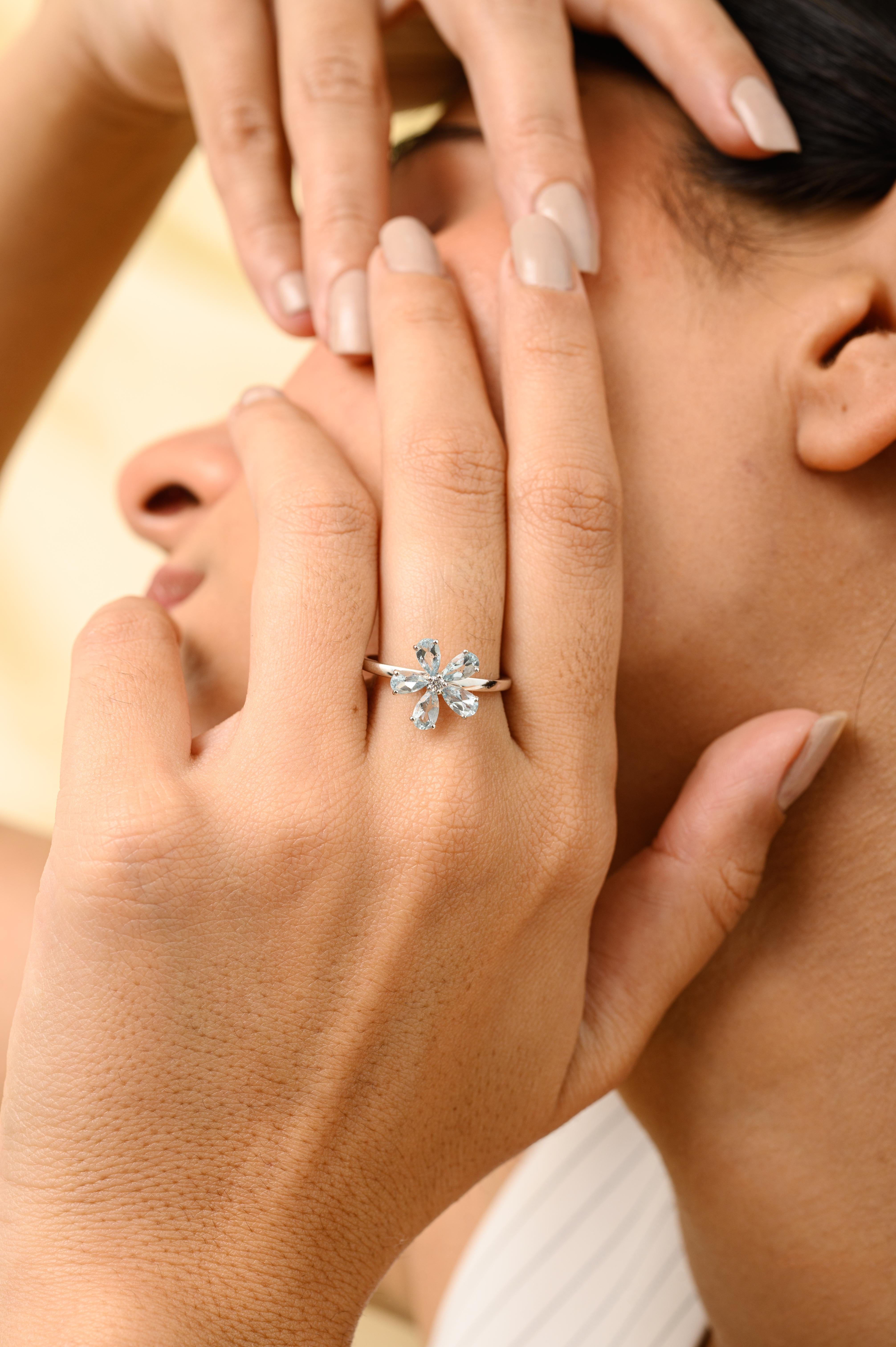 For Sale:  Natural Aquamarine Diamond Spring Flower Ring in 18k White Gold for Her 4