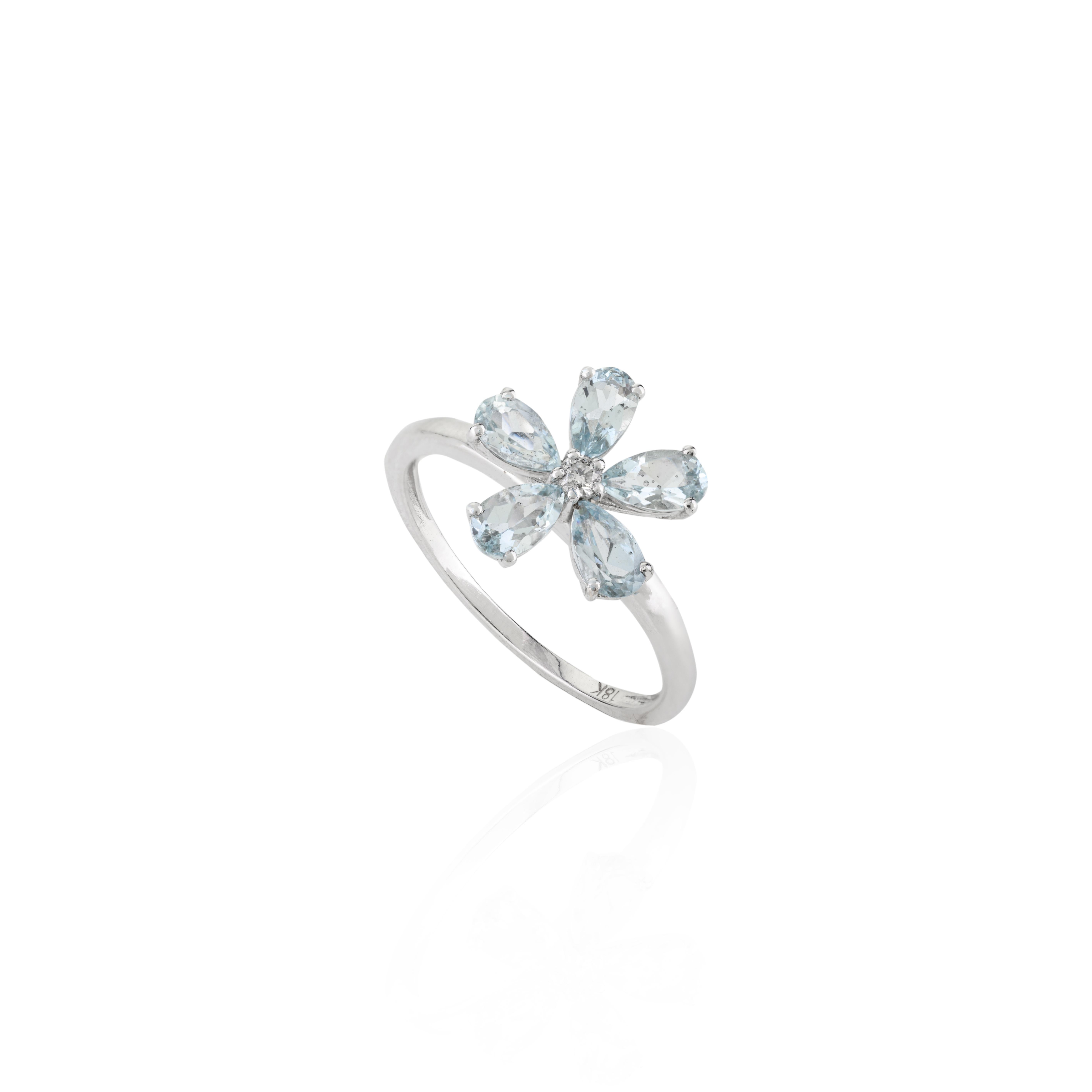 For Sale:  Natural Aquamarine Diamond Spring Flower Ring in 18k White Gold for Her 8