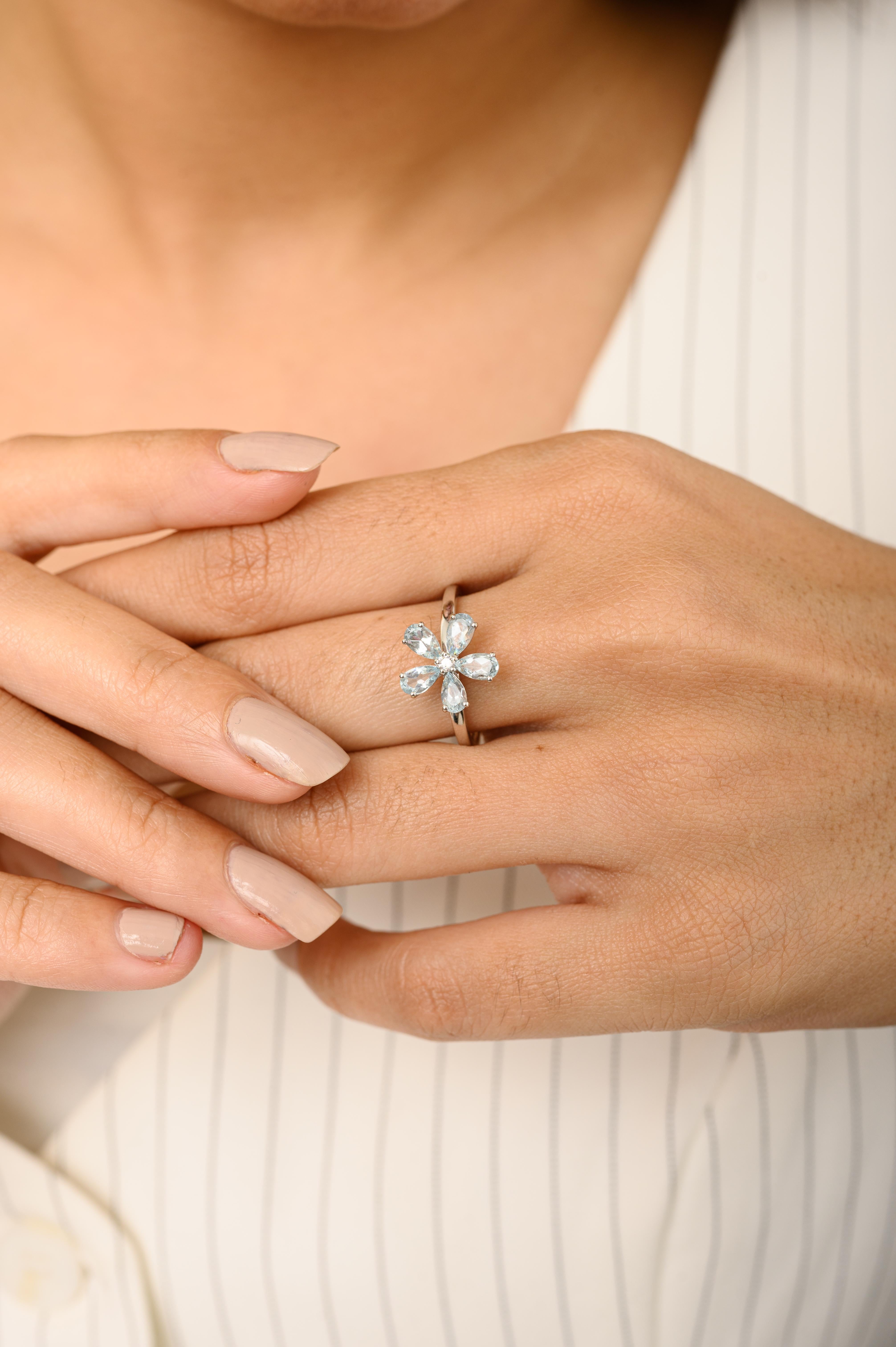 For Sale:  Natural Aquamarine Diamond Spring Flower Ring in 18k White Gold for Her 6