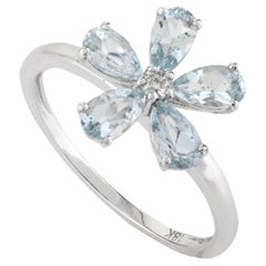 Natural Aquamarine Diamond Spring Flower Ring in 18k White Gold for Her