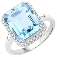 Natural Aquamarine & Diamond Statement Ring Total 5.20 Carats 14k White Gold