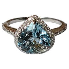 Natural, Aquamarine 
Diamonds Engagement Ring Set in in 18K White Gold