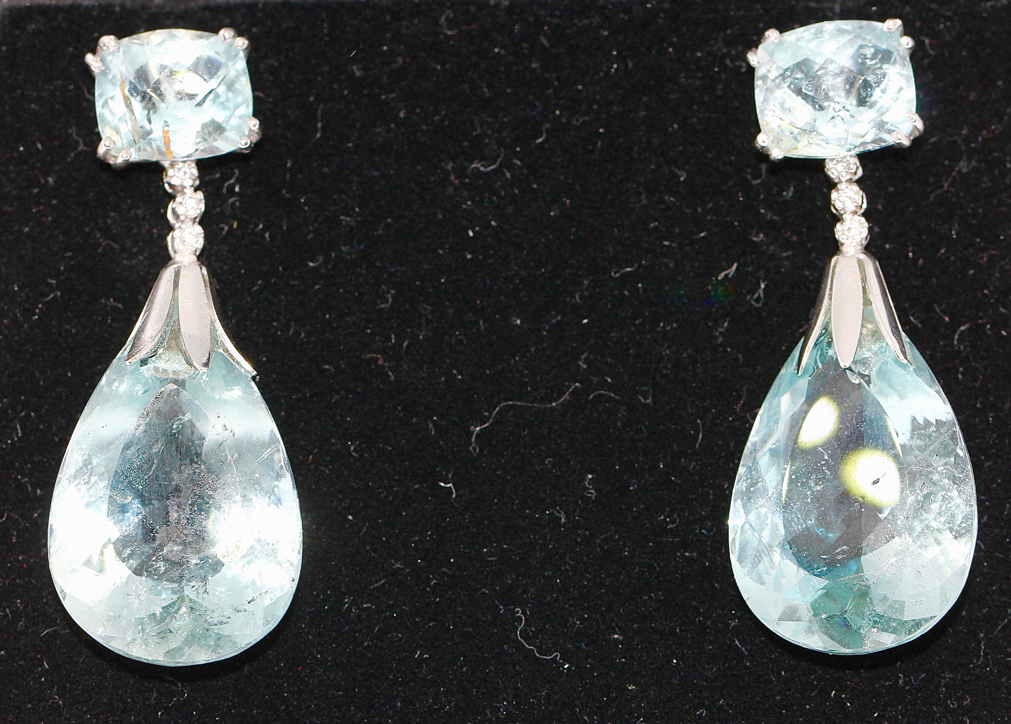 Natural Aquamarine Drop, Stud Earrings, with Diamonds, 18 Karat White Gold 2