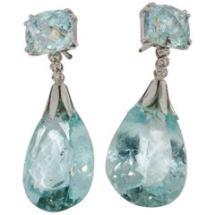 Natural Aquamarine Drop, Stud Earrings, with Diamonds, 18 Karat White Gold
