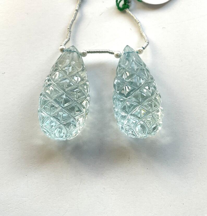 Natural Aquamarine Drops 2 Pieces Carved Earrings Pair Gemstone for Jewelry For Sale 4