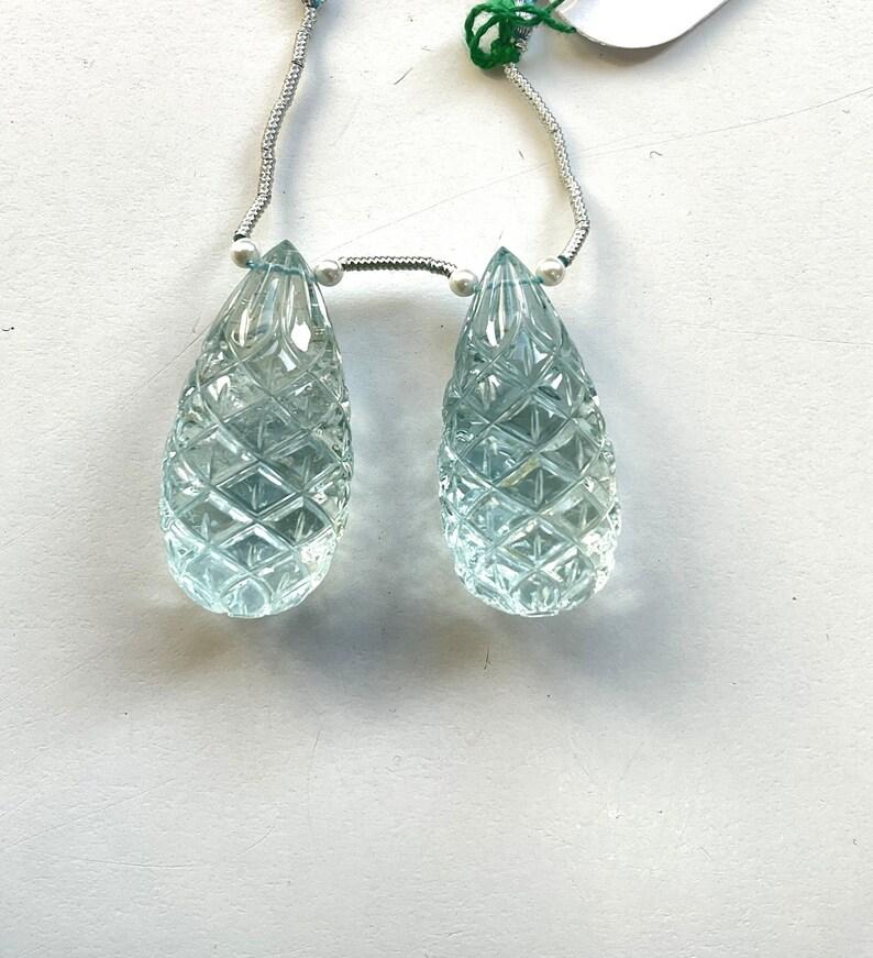 Natural Aquamarine Drops 2 Pieces Carved Earrings Pair Gemstone for Jewelry For Sale 5