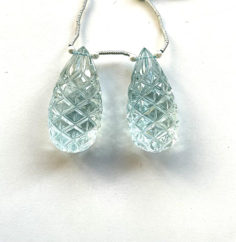 Natural Aquamarine Drops 2 Pieces Carved Earrings Pair Gemstone for Jewelry For Sale 6