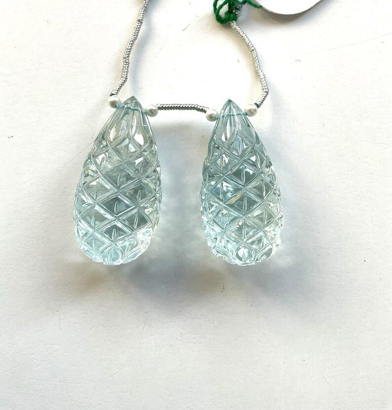 Pear Cut Natural Aquamarine Drops 2 Pieces Carved Earrings Pair Gemstone for Jewelry For Sale