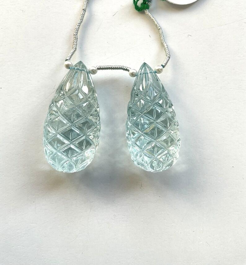 Natural Aquamarine Drops 2 Pieces Carved Earrings Pair Gemstone for Jewelry In New Condition For Sale In Jaipur, RJ