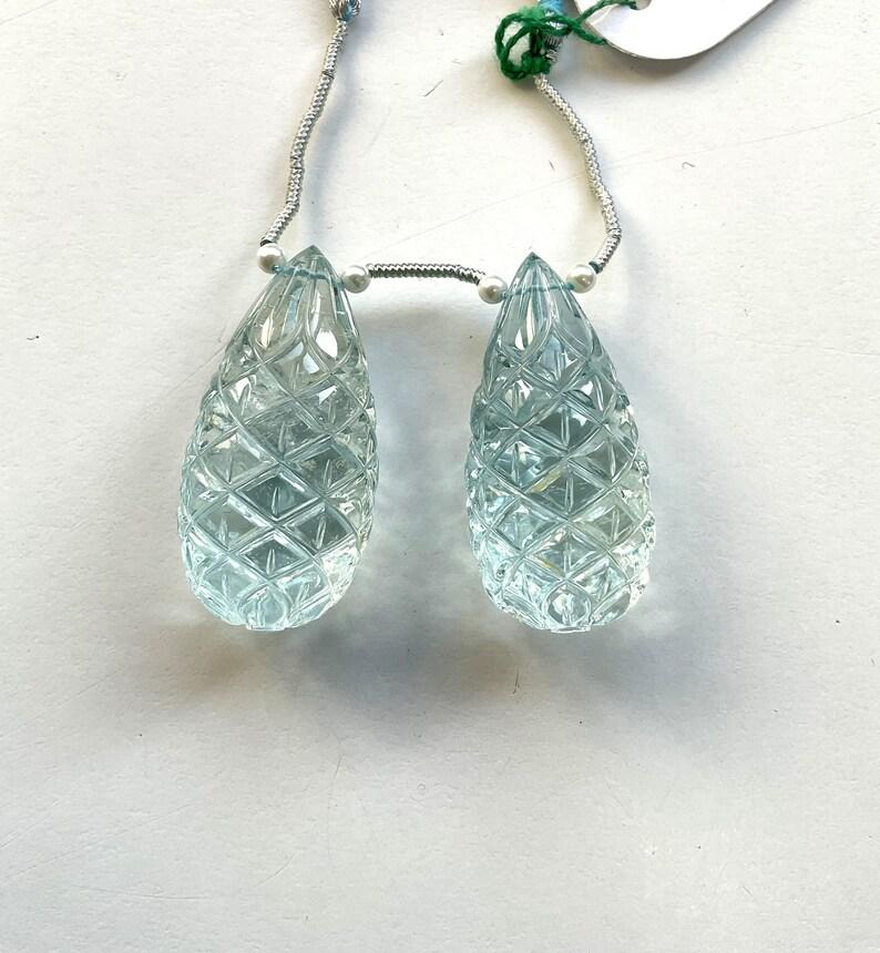 Natural Aquamarine Drops 2 Pieces Carved Earrings Pair Gemstone for Jewelry For Sale 2