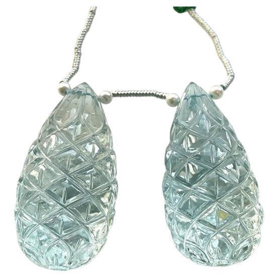 Natural Aquamarine Drops 2 Pieces Carved Earrings Pair Gemstone for Jewelry