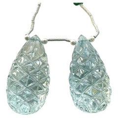 Natural Aquamarine Drops 2 Pieces Carved Earrings Pair Gemstone for Jewelry