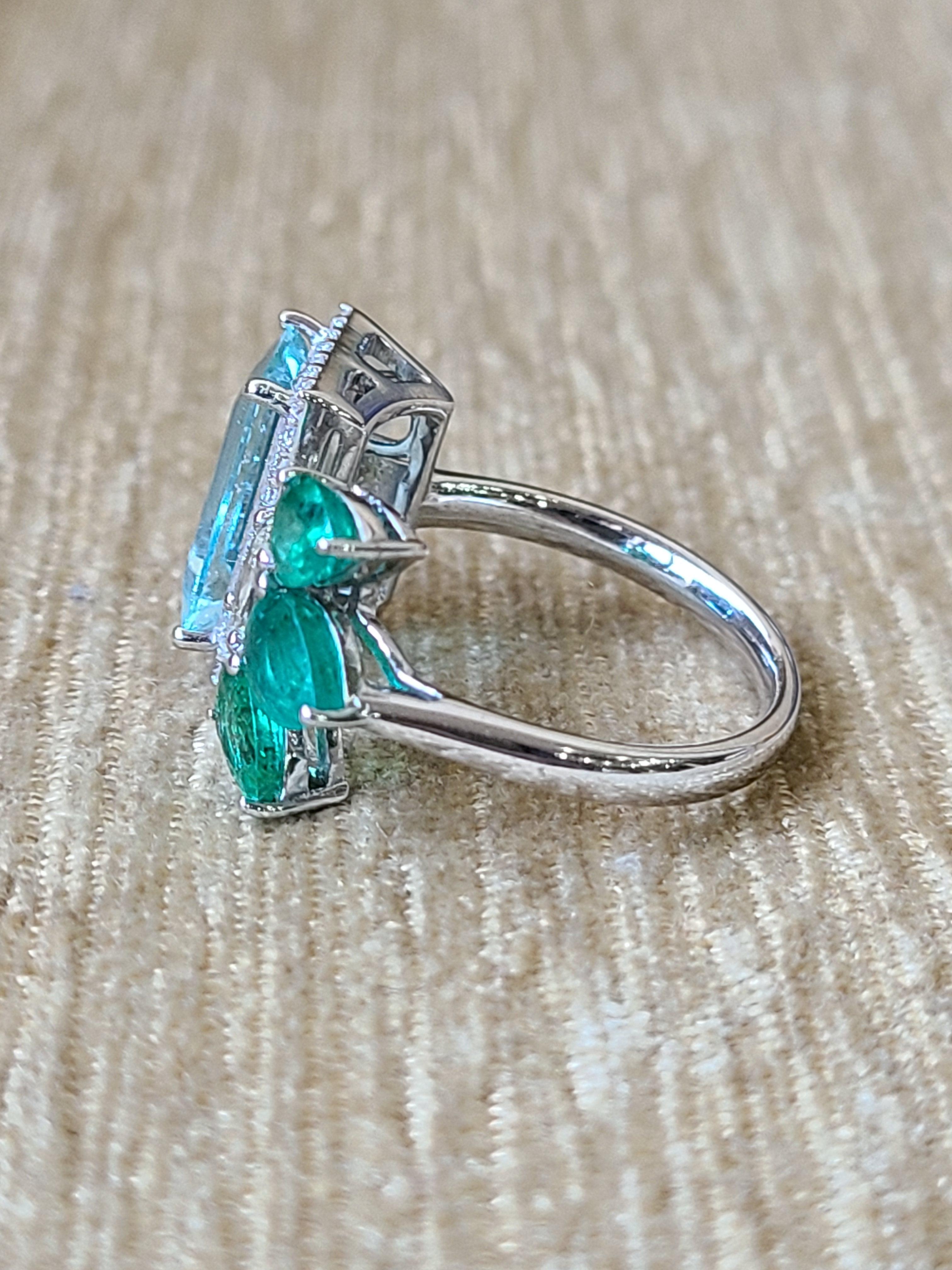 Emerald Cut Natural Aquamarine, Emerald and Diamond Ring Set in 18 Karat Gold