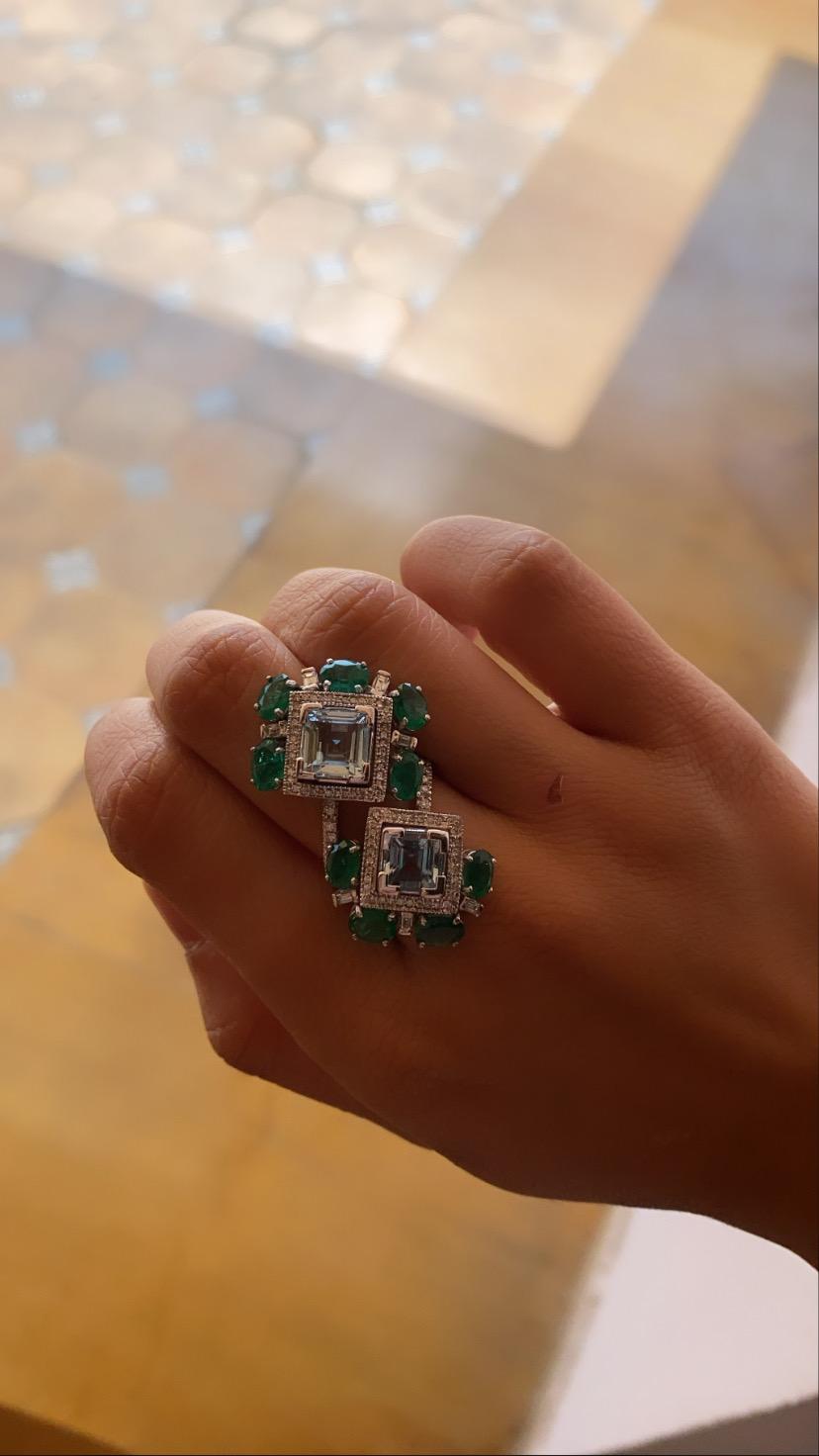 Women's Natural Aquamarine, Emerald and Diamond Ring Set in 18 Karat Gold