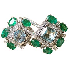 Natural Aquamarine, Emerald and Diamond Ring Set in 18 Karat Gold
