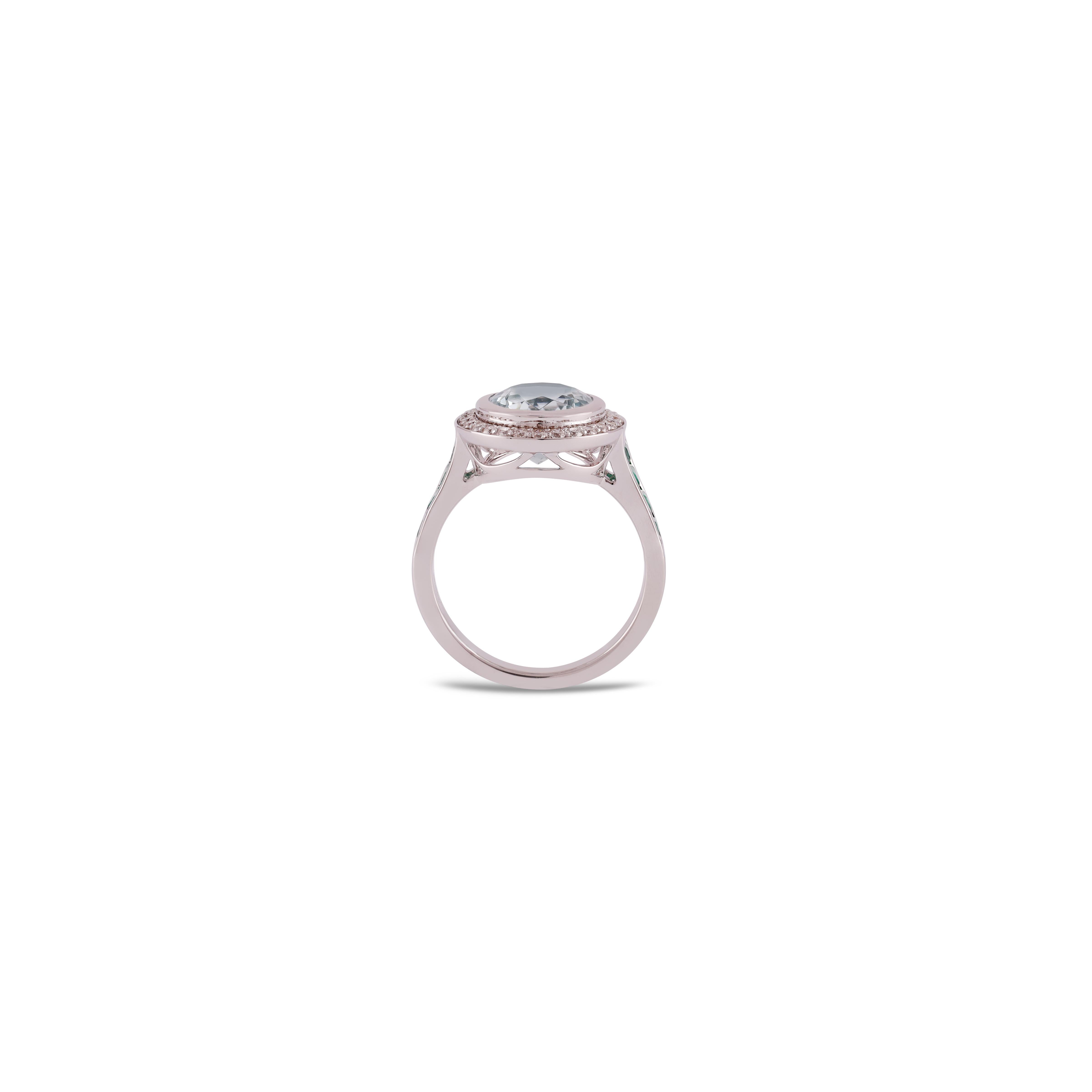 Contemporary Natural Aquamarine, Emerald & Diamond  Ring in 18k White Gold For Sale