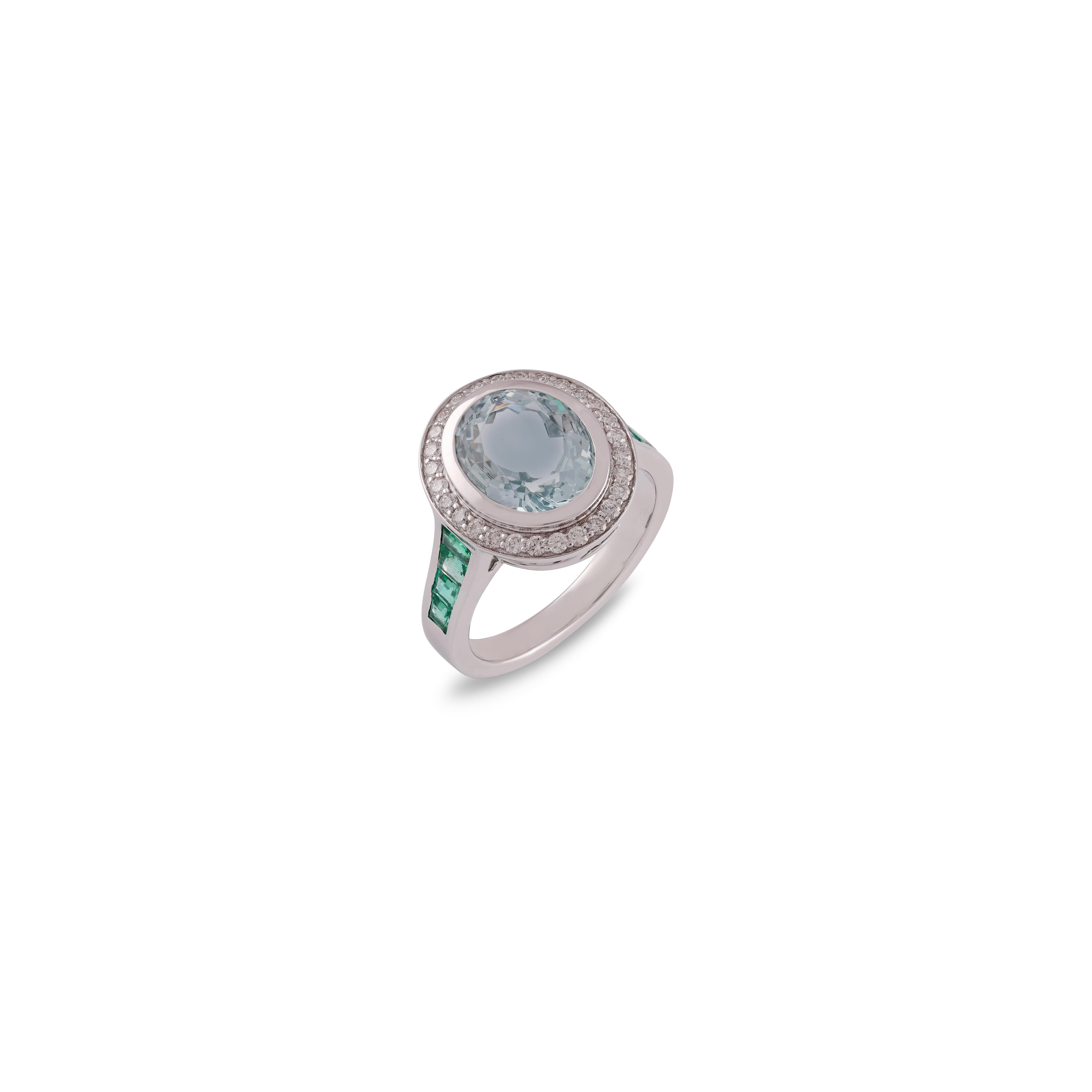 Mixed Cut Natural Aquamarine, Emerald & Diamond  Ring in 18k White Gold For Sale
