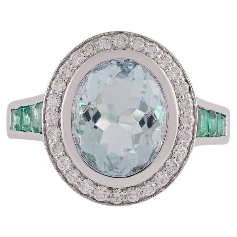 Natural Aquamarine, Emerald & Diamond  Ring in 18k White Gold For Sale