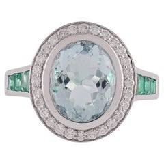 Natural Aquamarine, Emerald & Diamond  Ring in 18k White Gold