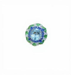 Natural Aquamarine, Fancy sapphire & Diamond Ring in 18k Gold