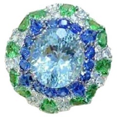 Natural Aquamarine, Fancy sapphire & Diamond Ring in 18k Gold